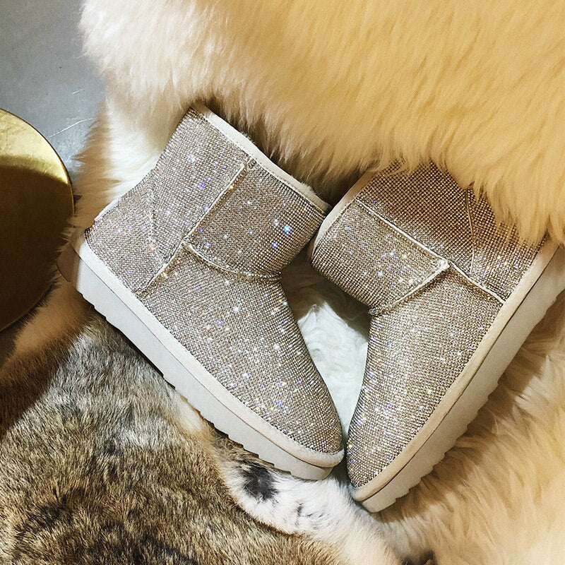 Rhinestone-Studded Women's Short Snow Boots