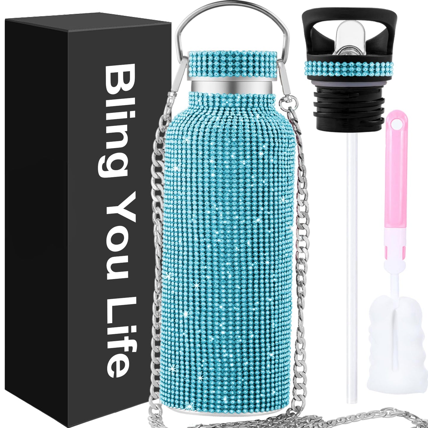 WINCHERRIA Bling Water Bottle RhinestoneDiamond Water BottleGlitter Rhinestones Stainless Steel Thermal BottleBling Cup for Women GirlsBling Tumblers with 2 Style lids and 55in Chain (Blue)