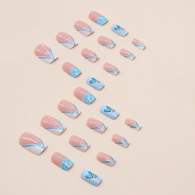 Fresh Blue Love Glitter Powder Mid-Length Fake Nails