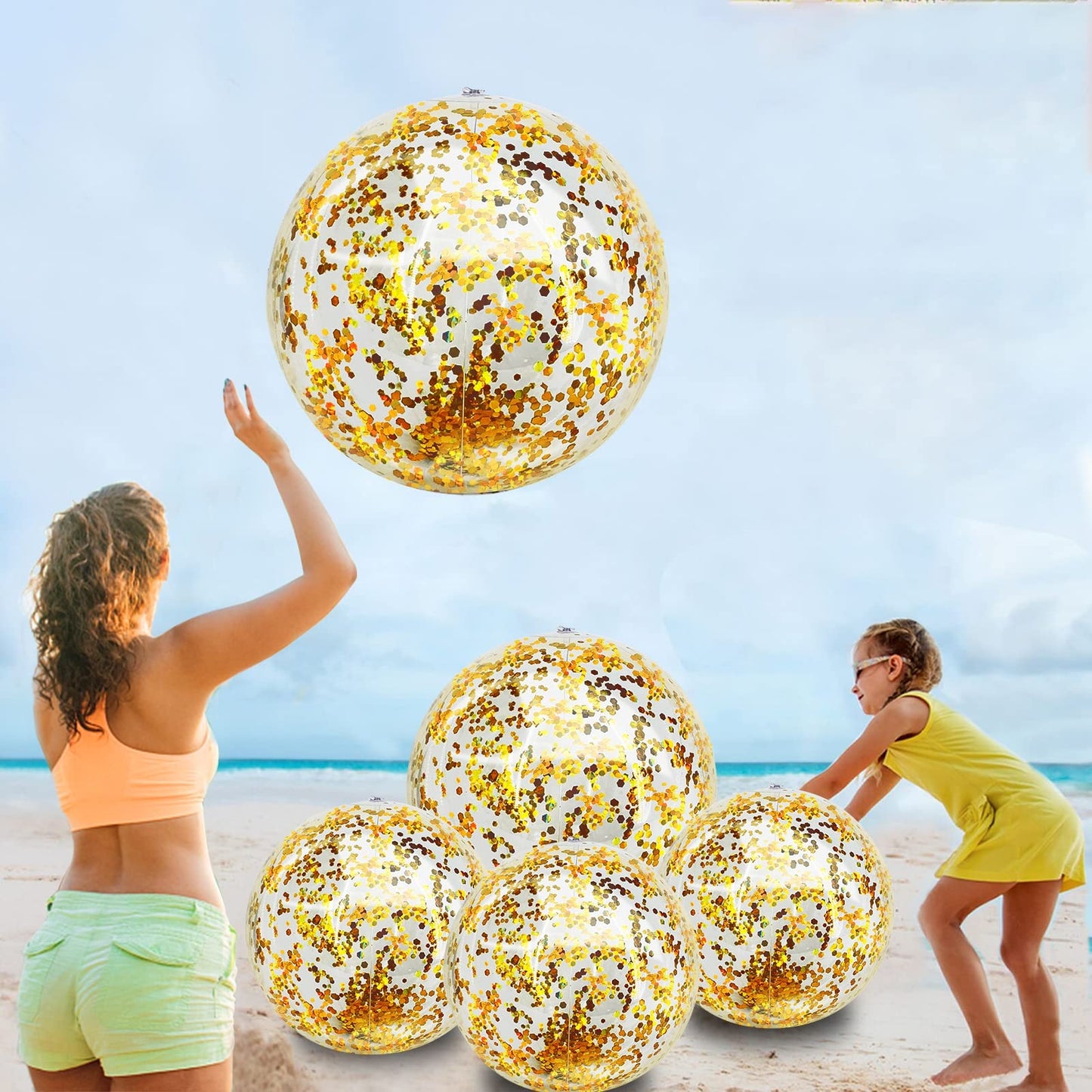 TURNMEON 5 Pack Sequins Beach Ball Jumbo Pool Toys Balls 16 Inch 24 Inch Giant Confetti Glitters Inflatable Clear Beach Ball Swimming Pool Water Beach Toys Outdoor Summer Party Favors for Kids Adults