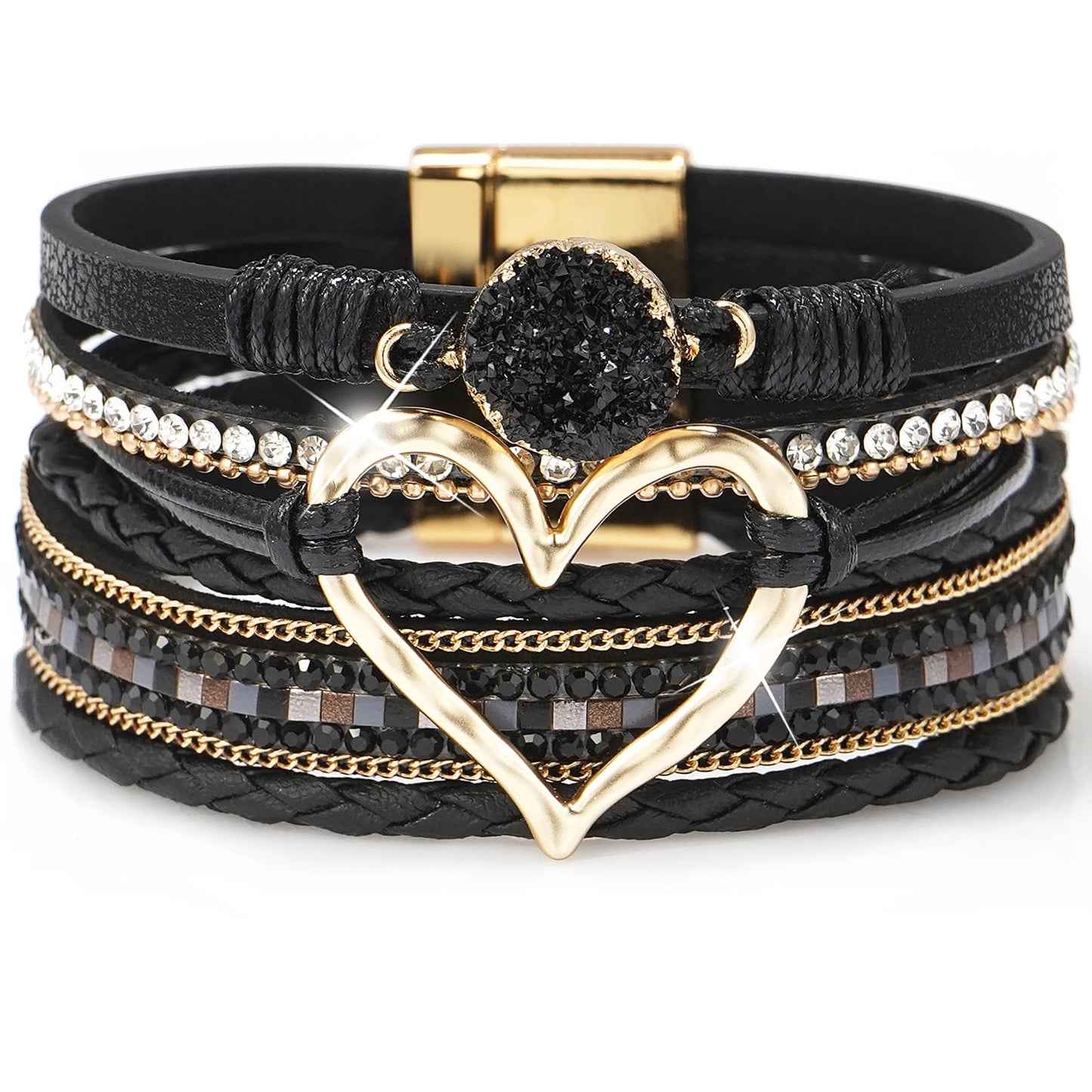 Suyi Multilayer Leather Wrap Bracelet Heart-shape Wide Cuff Bracelets for Women Black