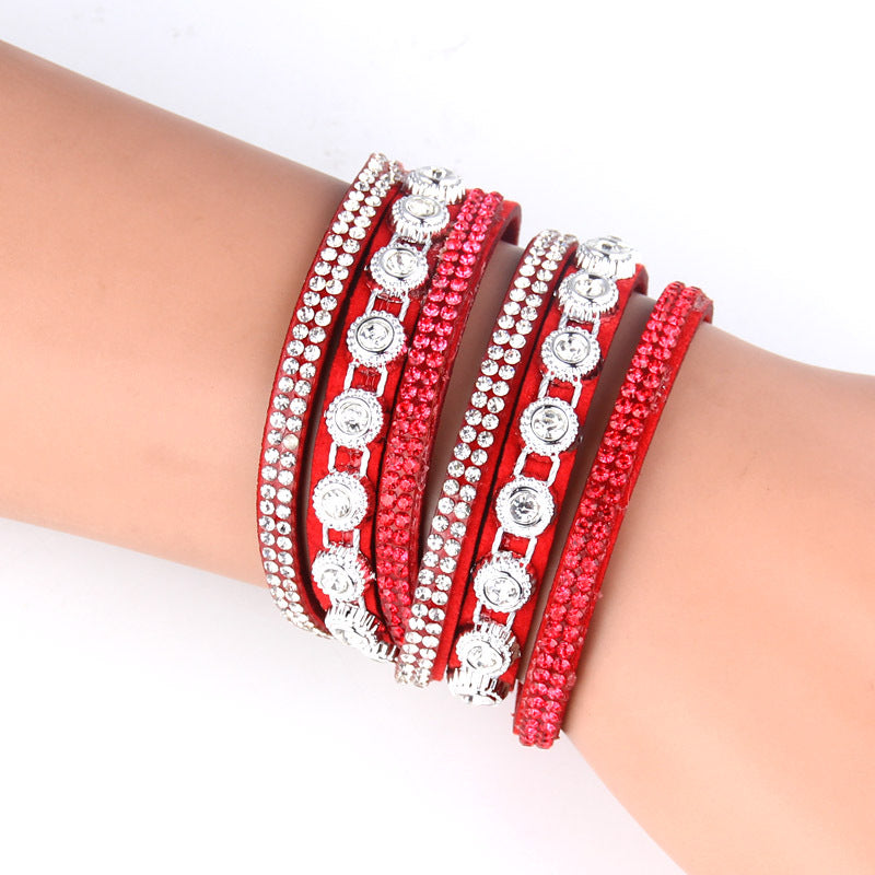 Vintage Rhinestone Layered Leather Bracelet Collection