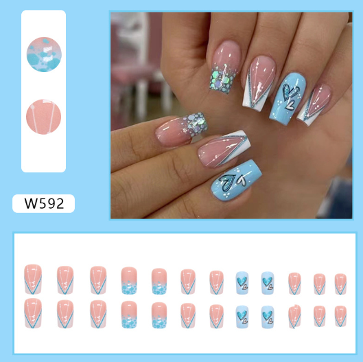 Fresh Blue Love Glitter Powder Mid-Length Fake Nails