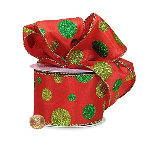 Glitter Dots Wired Christmas Ribbon - 2 1/2" x 10 Yards Green Glitter Red Satin Wreath Winter Holiday Garland Gift Basket Gift Wrapping Bows Presents