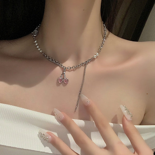 High-Quality Pink Cherry Pearl Stitch Clavicle Chain