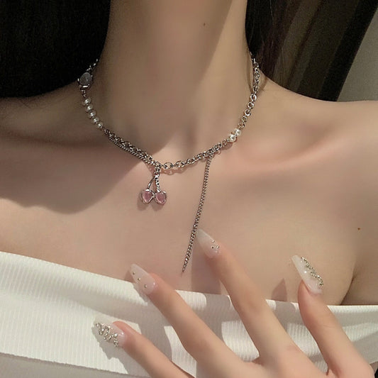 High-Quality Pink Cherry Pearl Stitch Clavicle Chain