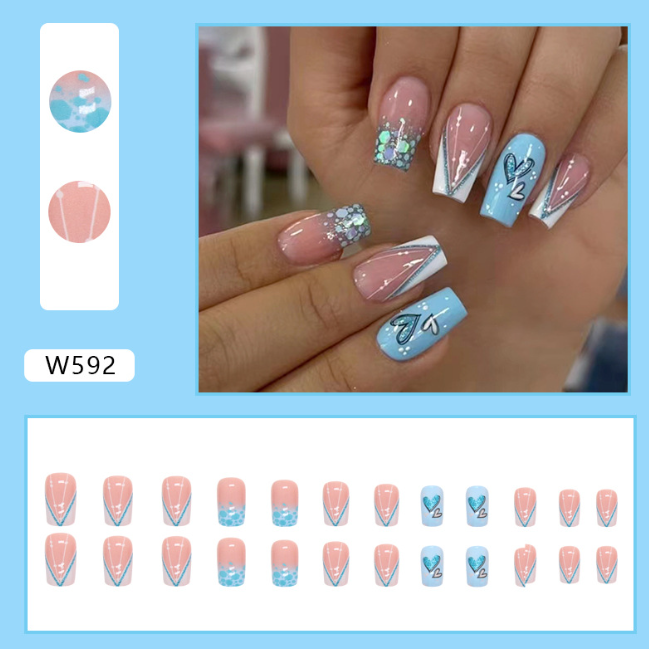 Fresh Blue Love Glitter Powder Mid-Length Fake Nails