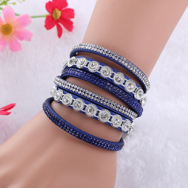 Vintage Rhinestone Layered Leather Bracelet Collection