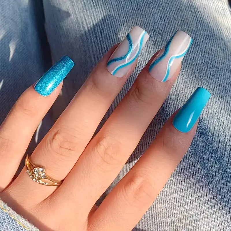 24 Pcs Medium Square Press On Nails with Glitter Sequin