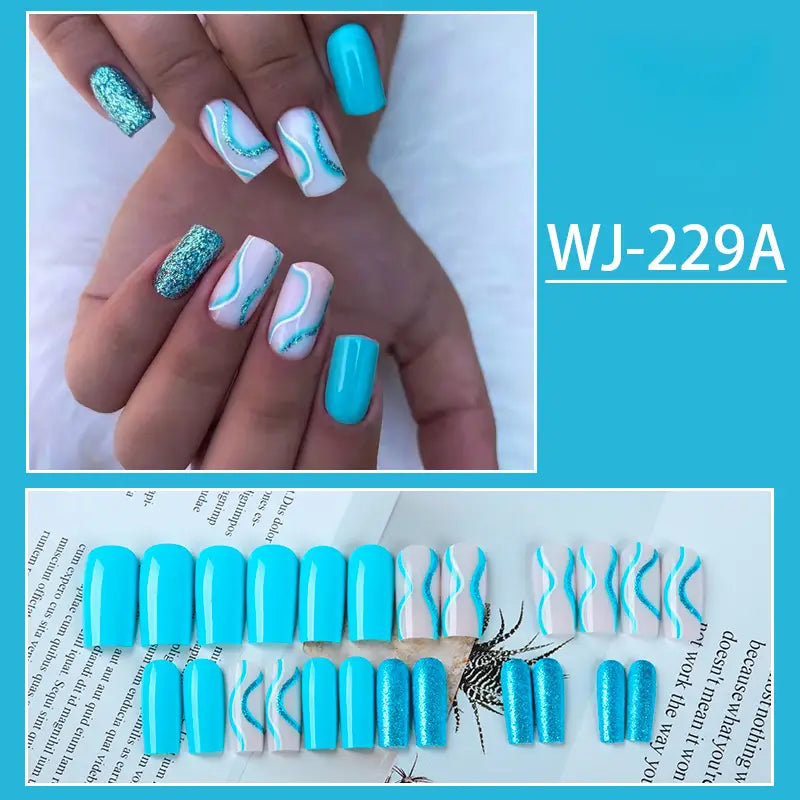 24 Pcs Medium Square Press On Nails with Glitter Sequin