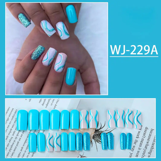 24 Pcs Medium Square Press On Nails with Glitter Sequin