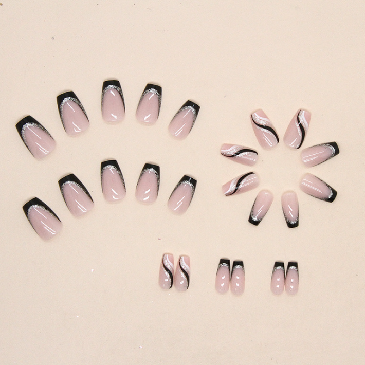 24pcs Black Glitter French Short Ballet Fake Nails