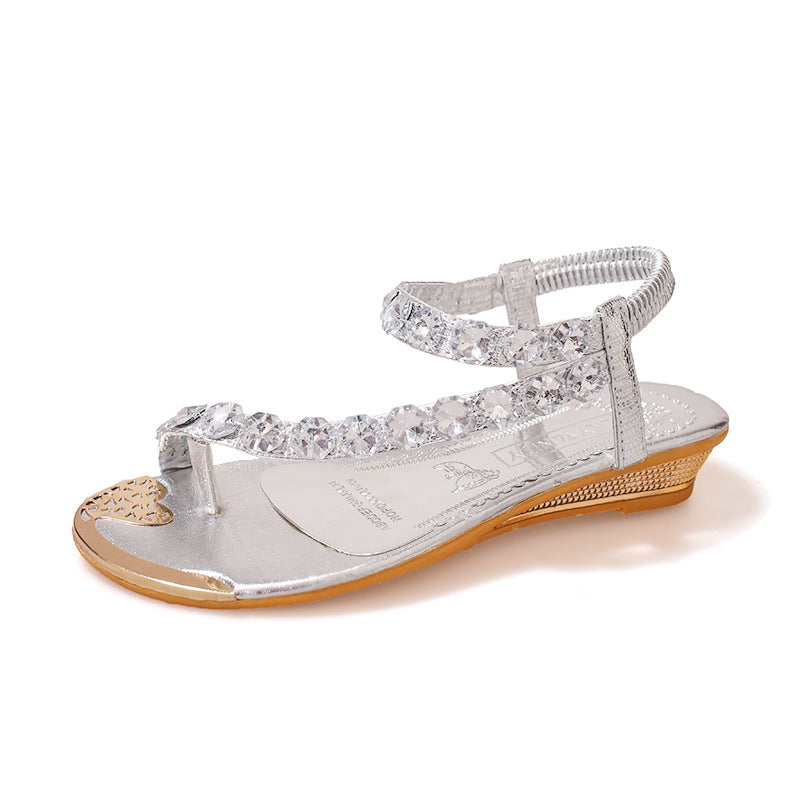 Metallic Rhinestone Wedge Flip-Flop Sandals for Women