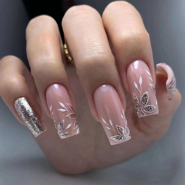 Pink Silver Glitter Maple Leaf Ballerina Nail Art Patches