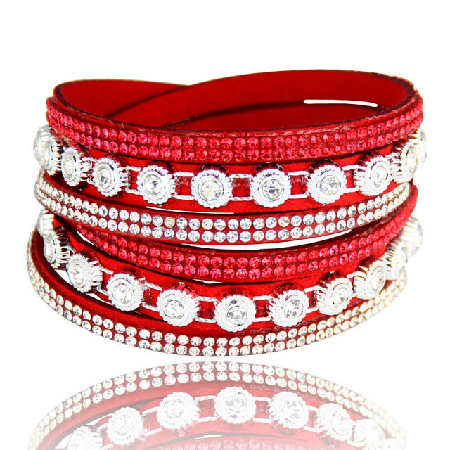 Vintage Rhinestone Layered Leather Bracelet Collection