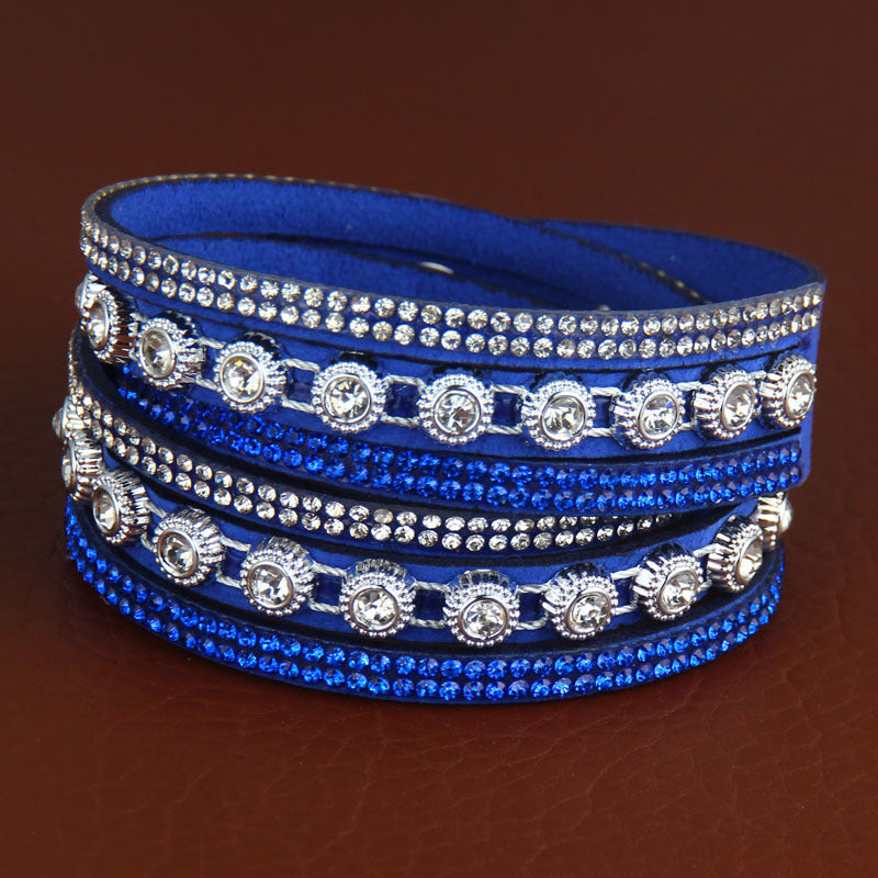 Vintage Rhinestone Layered Leather Bracelet Collection