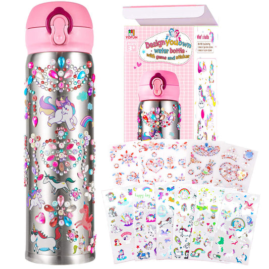 YOFUN Decorate Your Own Water Bottle with 11 Sheets of Unicorn Stickers & Glitter Gems Craft Kit & Art Kit for Children Gift for Girls Age 4 5 6 7 8 9 10 Years Old Kids BPA Free Insulated (Silver)