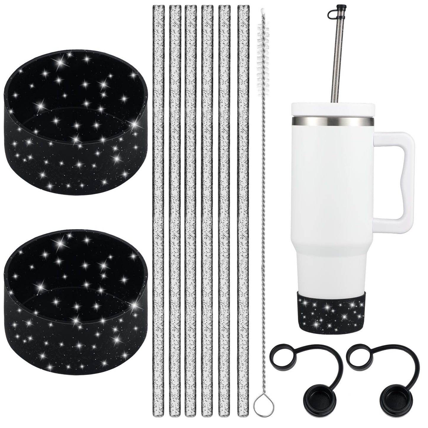 FoldTier Glitter Silicone Boot Sleeve Compatible with Stanley 40 oz 30 oz Tumbler 2 Glitter Silicone Boot Sleeve 6 Plastic Glitter Straw 2 Straw Cover Cap 1 Cleaning Brush(Black)