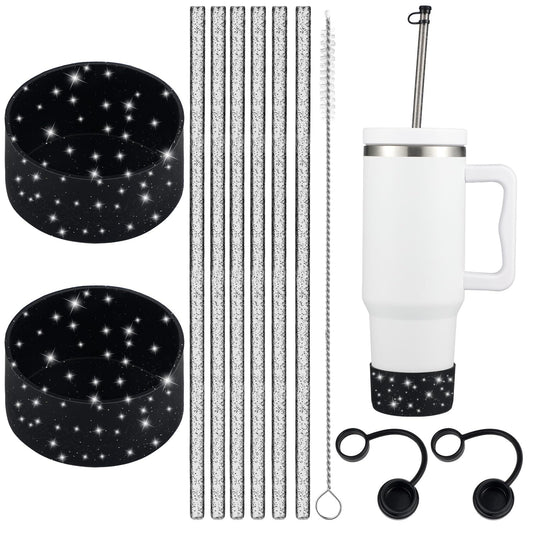 FoldTier Glitter Silicone Boot Sleeve Compatible with Stanley 40 oz 30 oz Tumbler 2 Glitter Silicone Boot Sleeve 6 Plastic Glitter Straw 2 Straw Cover Cap 1 Cleaning Brush(Black)