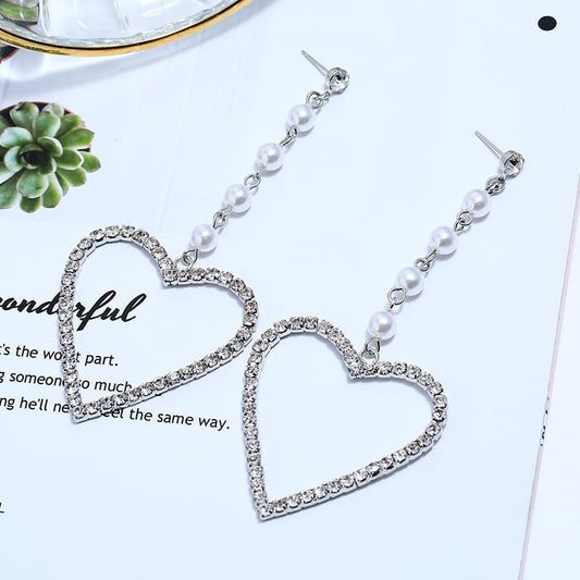 Exaggerated Rhinestone Big Love Long Earrings
