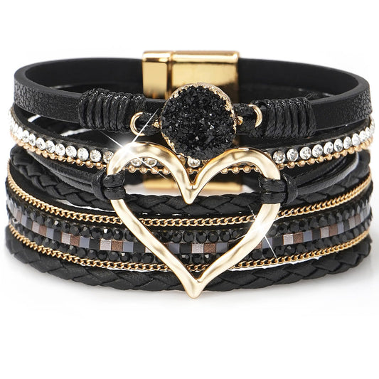 Suyi Multilayer Leather Wrap Bracelet Heart-shape Wide Cuff Bracelets for Women Black