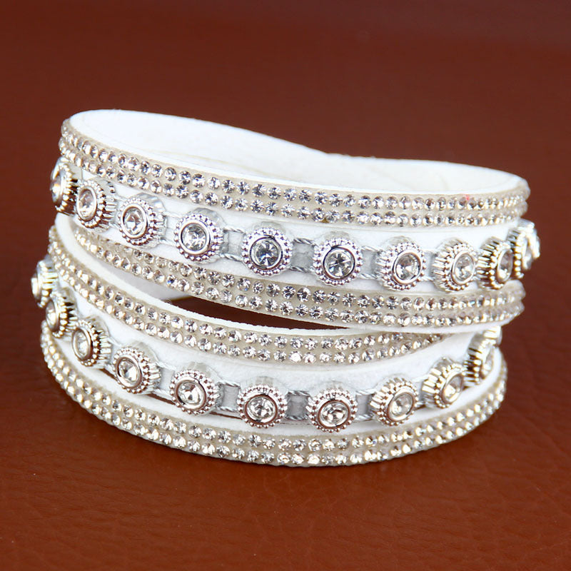 Vintage Rhinestone Layered Leather Bracelet Collection