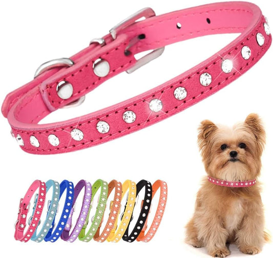 Serijoars Puppy Dog Collar with Crystal Diamond Colorful Bling Girl Puppy Small Dog Cat Collars (S Hot Pink)