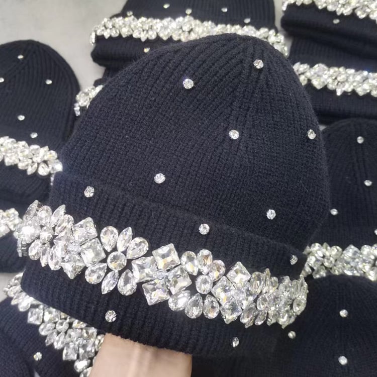 Hand-Sewn Rhinestone Letter Wool Hat