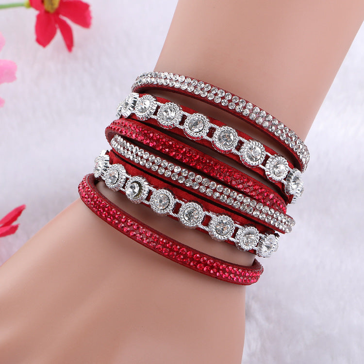 Vintage Rhinestone Layered Leather Bracelet Collection