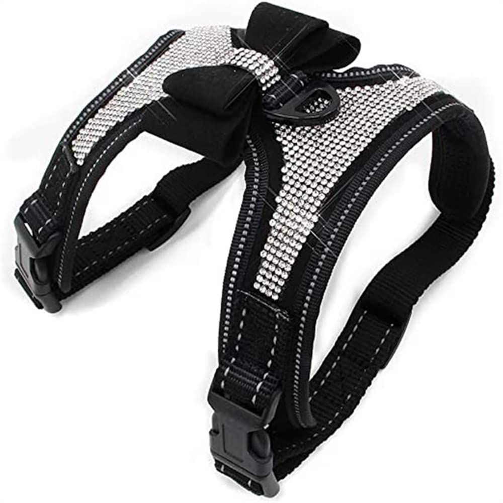 Black Bling Girl Dog HarnessRhinestone Cat Bow Tie Frenchie Vest Harnesses Female Puppy Kitty Cute Fancy Sparkling Pretty Crystal Diamond for Small Pet Yorkie ChihuahuaS
