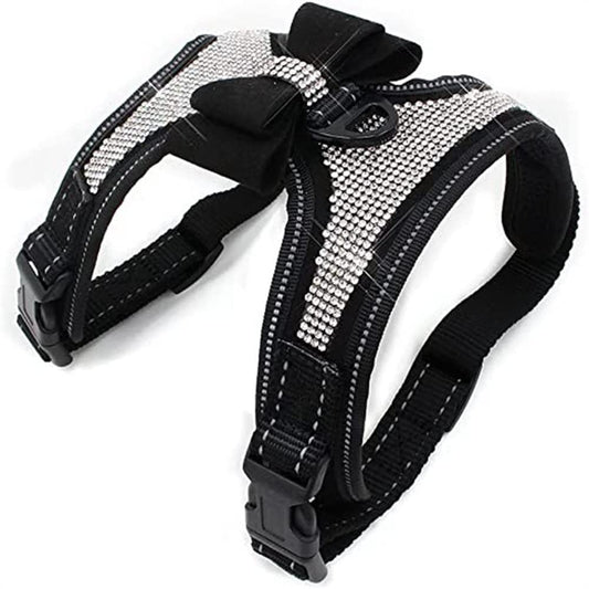 Black Bling Girl Dog HarnessRhinestone Cat Bow Tie Frenchie Vest Harnesses Female Puppy Kitty Cute Fancy Sparkling Pretty Crystal Diamond for Small Pet Yorkie ChihuahuaS