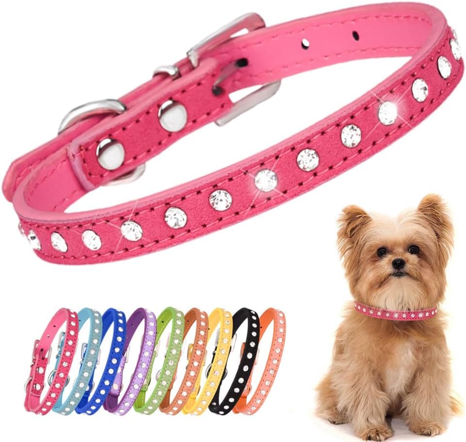 Serijoars Puppy Dog Collar with Crystal Diamond Colorful Bling Girl Puppy Small Dog Cat Collars (S Hot Pink)