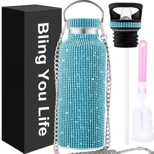 WINCHERRIA Bling Water Bottle RhinestoneDiamond Water BottleGlitter Rhinestones Stainless Steel Thermal BottleBling Cup for Women GirlsBling Tumblers with 2 Style lids and 55in Chain (Blue)