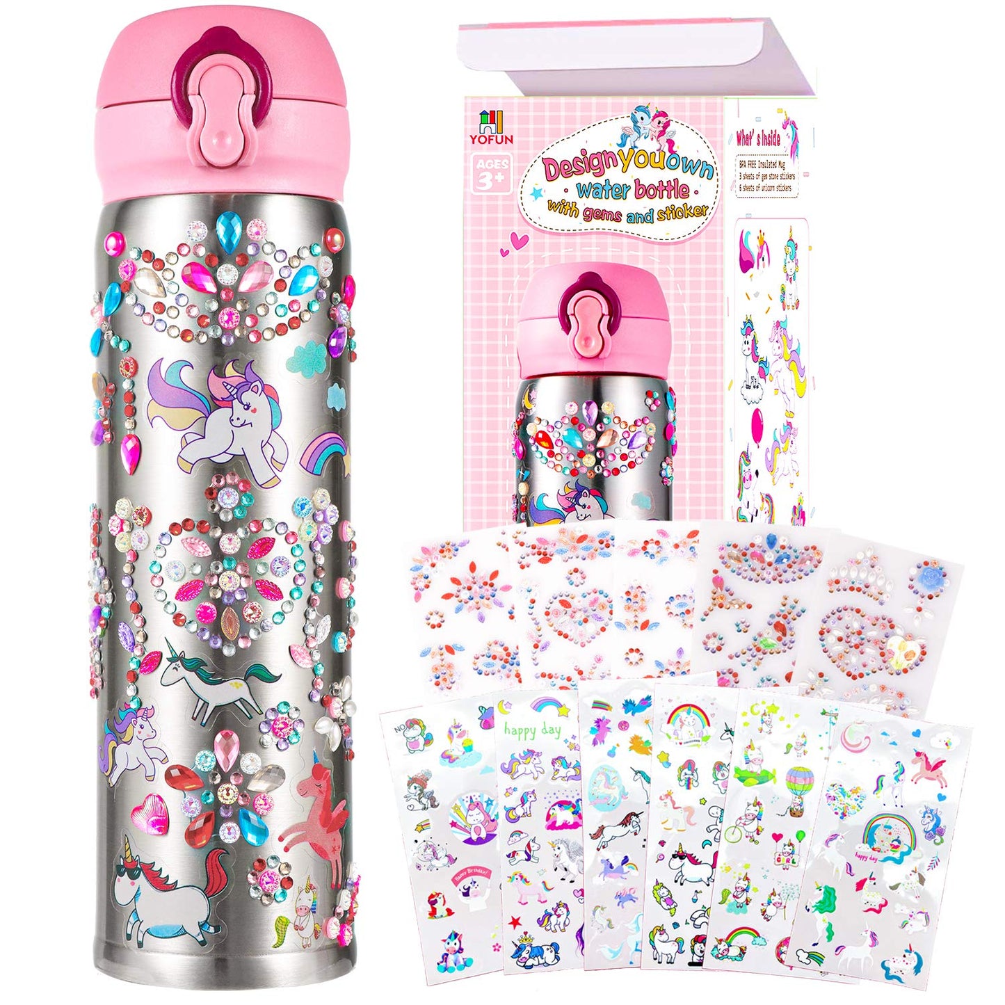 YOFUN Decorate Your Own Water Bottle with 11 Sheets of Unicorn Stickers & Glitter Gems Craft Kit & Art Kit for Children Gift for Girls Age 4 5 6 7 8 9 10 Years Old Kids BPA Free Insulated (Silver)