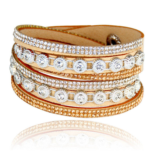 Vintage Rhinestone Layered Leather Bracelet Collection