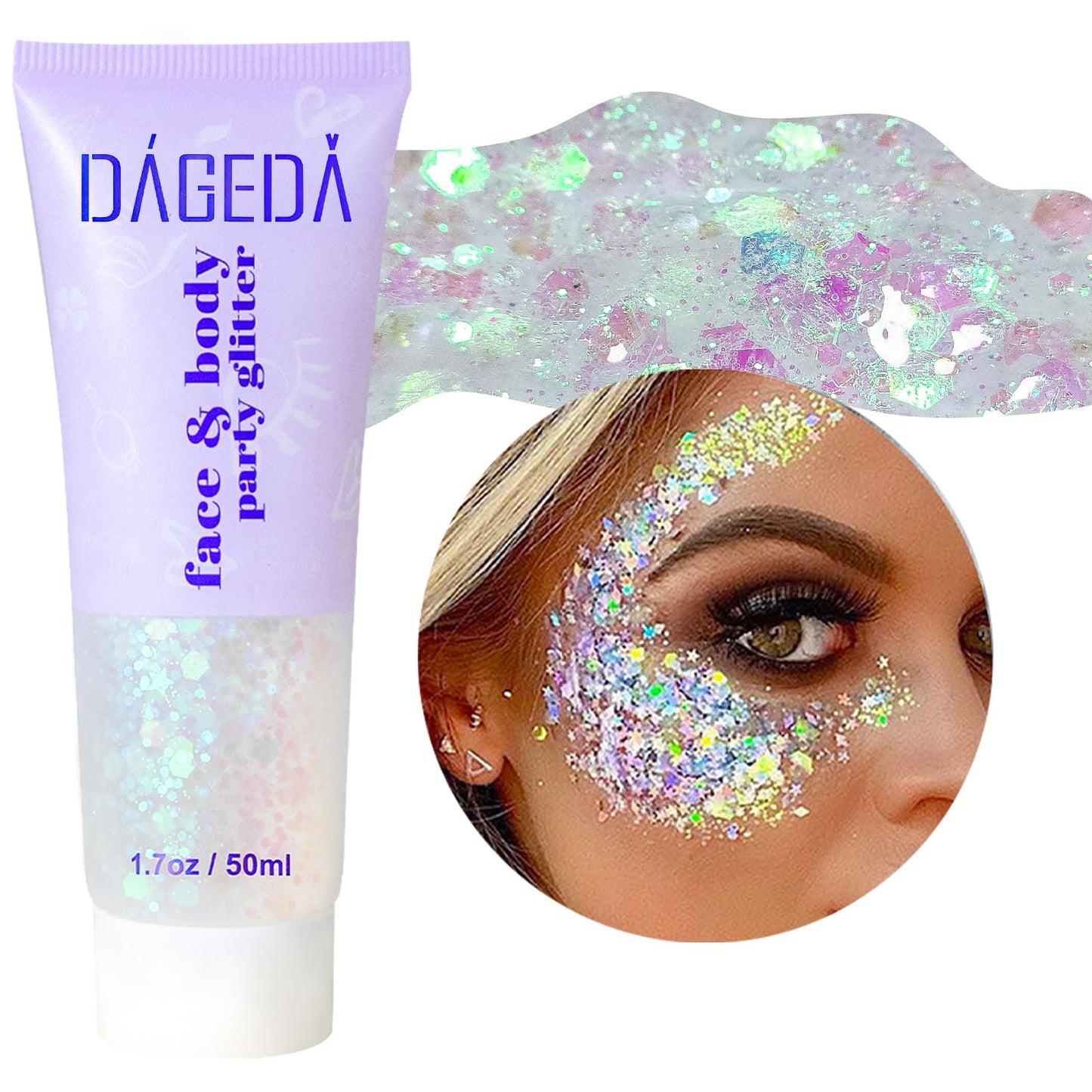 DAGEDA Body Glitter Gel Face Glitter Body Gel Sequins Shimmer Liquid Eyeshadow Chunky Glitter for Face Hair Nails Holographic Cosmetic Laser Powder Festival Glitter Makeup 50ml(White)
