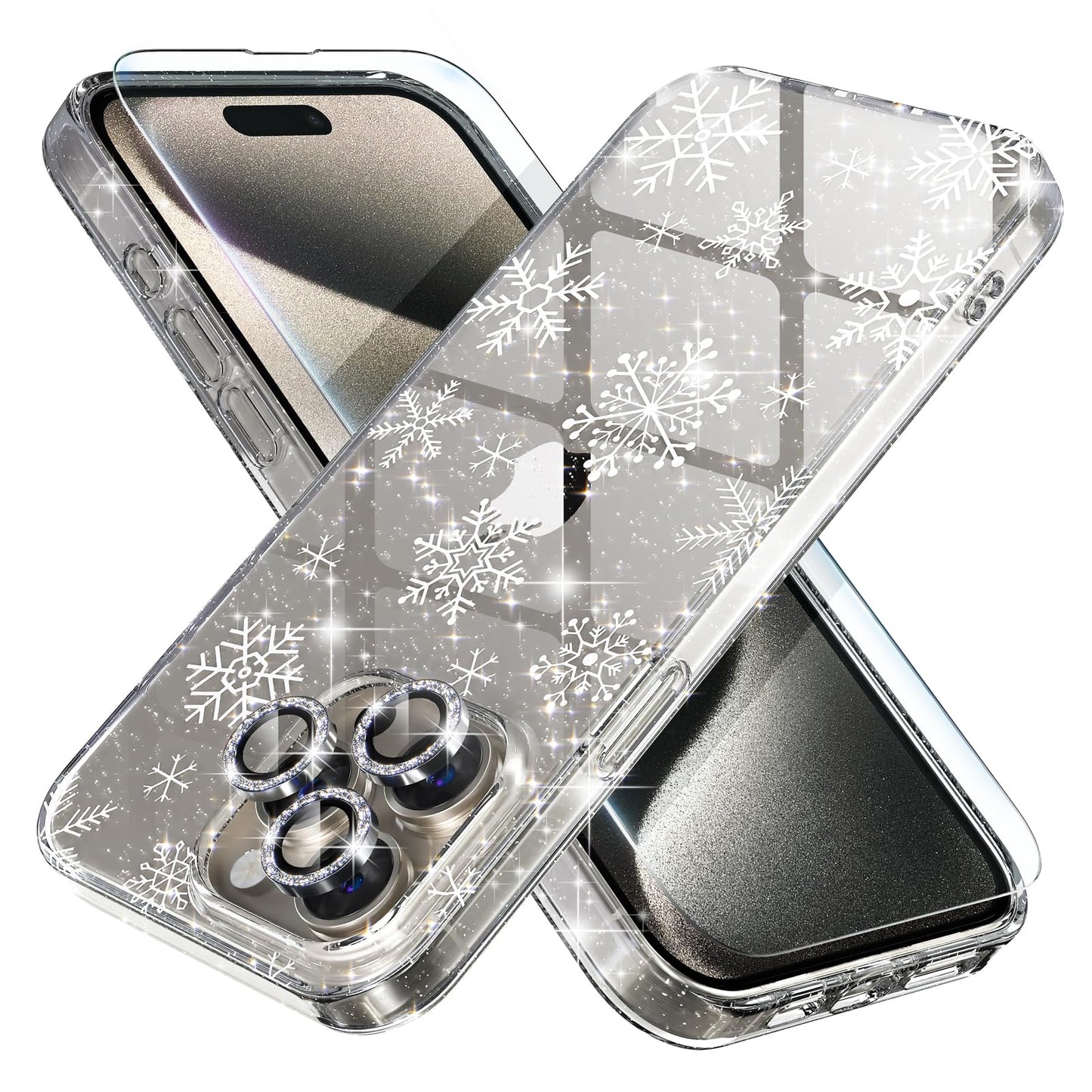 Choiche Christmas Case for iPhone 15 Pro Women Cute Clear Glitter Bling Sparkly Case [3 x Diamond Camera Lens Protectors] [2 x Tempered Glass Screen Protectors] 6.1-inch (Glitter Snowflake)