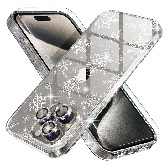 Choiche Christmas Case for iPhone 15 Pro Women Cute Clear Glitter Bling Sparkly Case [3 x Diamond Camera Lens Protectors] [2 x Tempered Glass Screen Protectors] 6.1-inch (Glitter Snowflake)