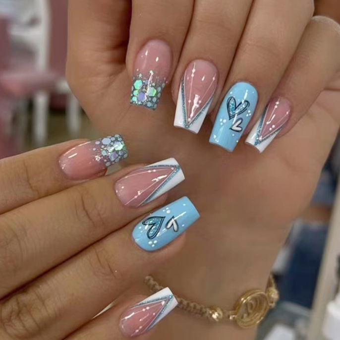 Fresh Blue Love Glitter Powder Mid-Length Fake Nails