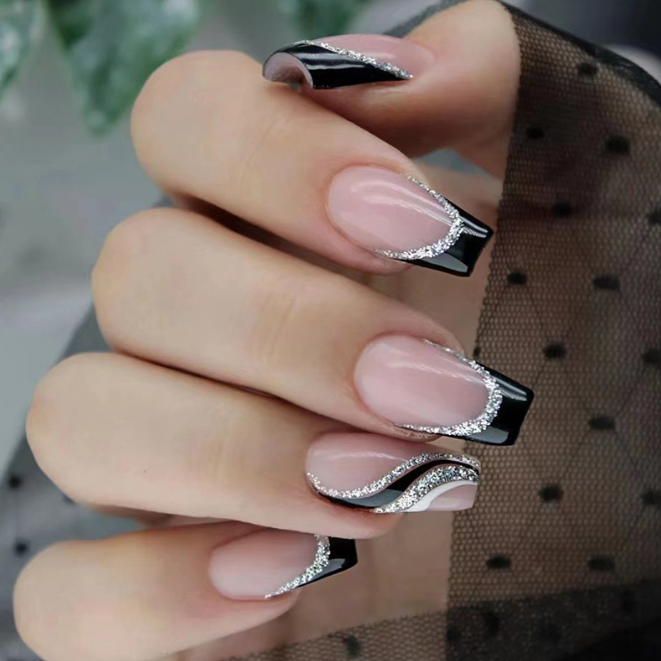 24pcs Black Glitter French Short Ballet Fake Nails