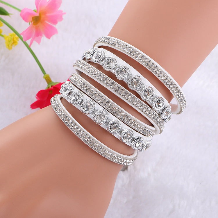 Vintage Rhinestone Layered Leather Bracelet Collection
