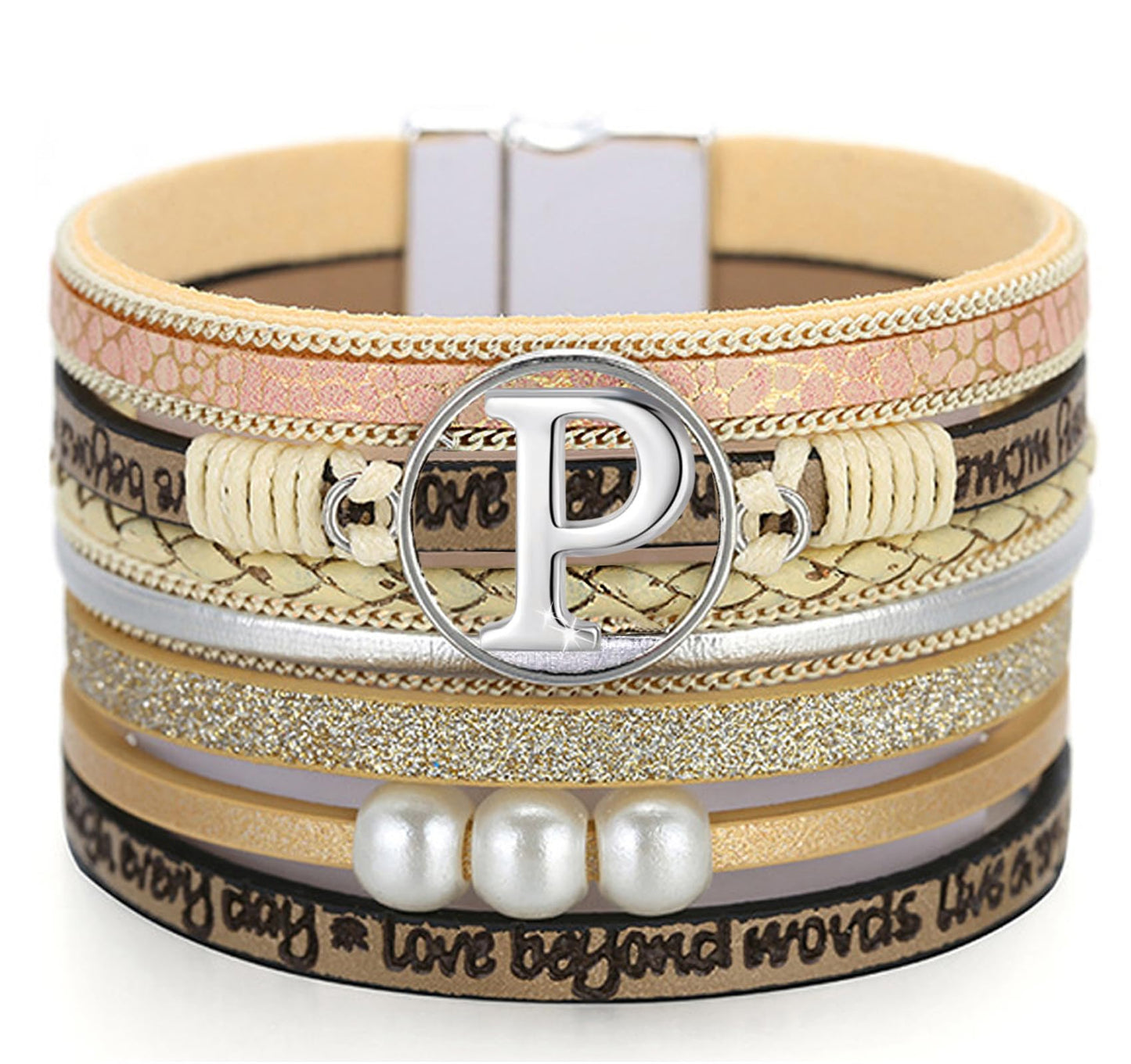 RONLLNA Initial Letter Leather Boho Bracelets for Women Wrap Cuff Bracelets Gifts for Women Trendy Pearl Beads Cuff Bracelet Jewelry P