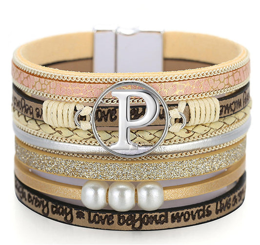 RONLLNA Initial Letter Leather Boho Bracelets for Women Wrap Cuff Bracelets Gifts for Women Trendy Pearl Beads Cuff Bracelet Jewelry P
