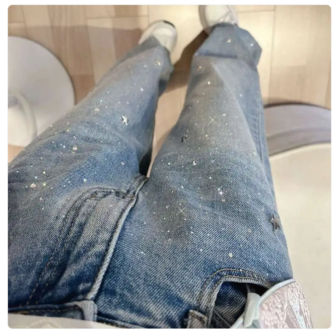 High-Waist Rhinestone Straight-Leg Jeans